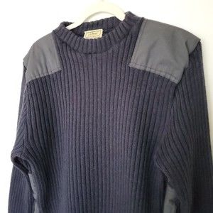 VINTAGE LL Bean 100% Wool Commando Sweater LG Blue Elbow Patch Military England